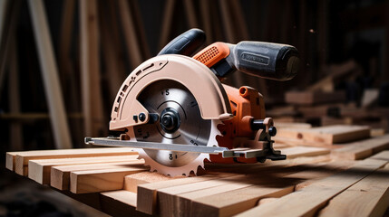 Circular saw are sold in the power tool store. Electric hand tool for cutting wood or metal. - obrazy, fototapety, plakaty