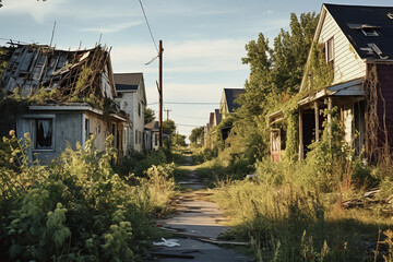 Overgrown gardens of foreclosed homes fill a quiet suburb, presenting a visible sign of the...
