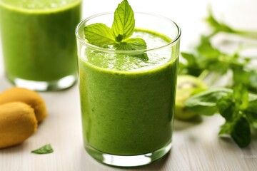 green smoothie in a clear glass, garnished with a slice of kiwi