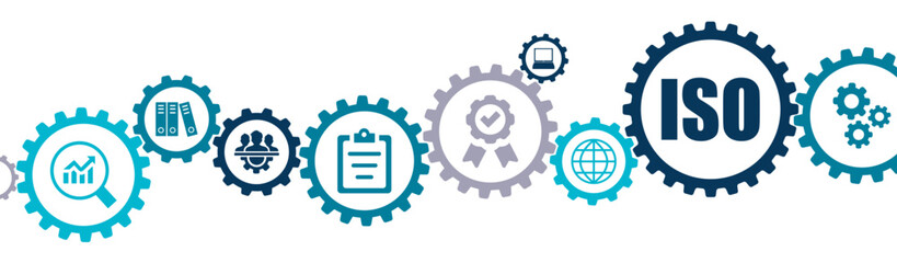 ISO classification process and quality management banner vector illustration for business and companies  with icons of QA, standardization, requirement certified by international standard organization