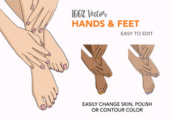 Vector hands and feet with polish nails, easy to edit