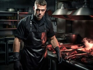 Fototapeta na wymiar Black cooking uniform, showing face, , 38 years old, 90kg, black latex, wearing gloves, holding tongs on grill, kitchen background, man serious face, dynamic edited photo Generative Al 
