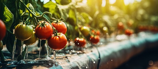 Drip irrigation in greenhouse irrigates tomato plants using home water system - obrazy, fototapety, plakaty