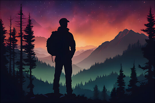 silhouette of a man hiking/backpacking through the forest and stopping to gaze at a beautiful vivid sunset over the mountain landscape