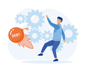Debt free or freedom for pay off debts, solution to solve financial problem, Businessman kicking debt bomb ball away, flat vector modern illustration