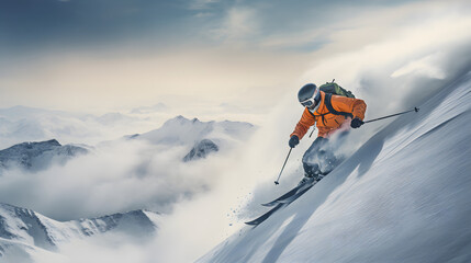 Naklejka na ściany i meble Skier doing extreme descent from snowy mountain