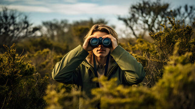 Birdwatcher with Binoculars in Nature