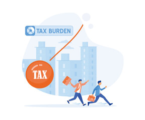  tax burden concept. Businessman running away from huge pendulum with message 'tax',  flat vector modern illustration