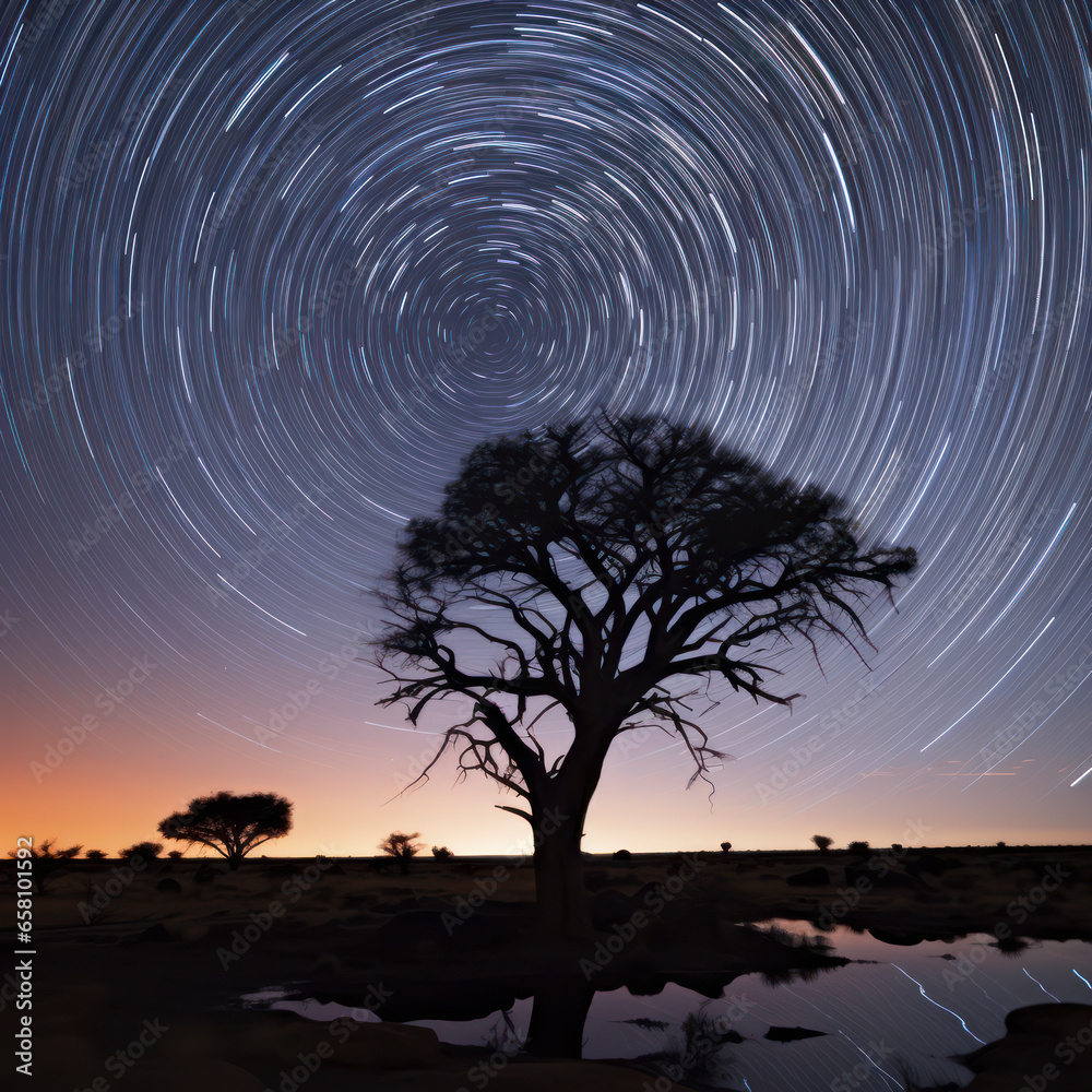 Canvas Prints star trails over camelthorn in desert.