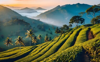 Tea plantation landscape with mountains