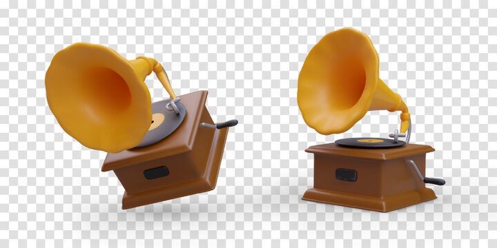 Realistic gramophone. Isolated illustrations in cartoon style. Detailed vector object in different positions. Vintage device for playing music from records