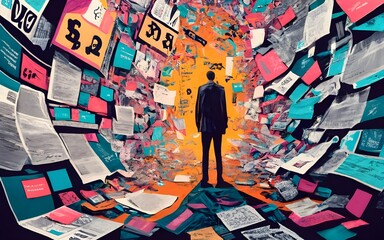 A person stands in front of a wall covered in newspaper clippings and stock market charts. They are surrounded by a sea of financial symbols and texts, representing the overwhelming 