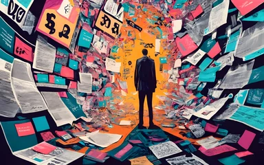Fotobehang A person stands in front of a wall covered in newspaper clippings and stock market charts. They are surrounded by a sea of financial symbols and texts, representing the overwhelming  © Anuradha