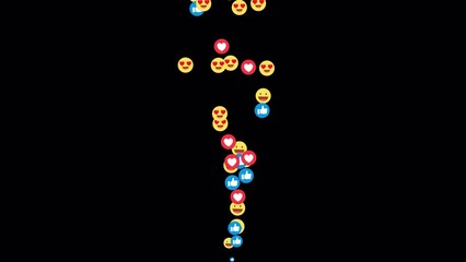 Social media emojis of smilies, likes, hearts animation flying moving upwards direction while chatting and streaming meetups on transparent screen alpha channel
