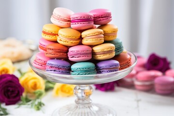 pyramid of macarons on a silver cake stand