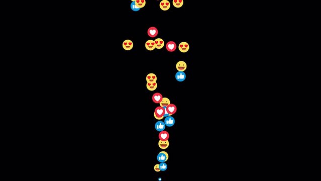 Social media emojis of smilies, likes, hearts animation flying moving upwards direction while chatting and streaming meetups on transparent screen alpha channel