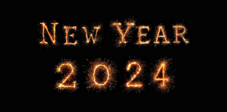 Happy New Year 2024, burning sparklers on a black background in the form of numbers 2024