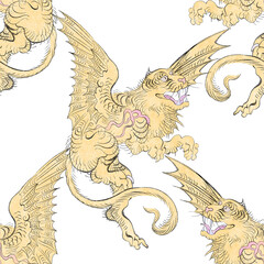 Tiger with wings flying in the clouds. Ancient Asian print. Digital art. Hand drawn. Colorful illustration. Endless repeatable pattern. Seamless Texture. 