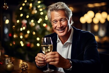 Portrait of a happy senior man holding a glass of champagne in a restaurant.