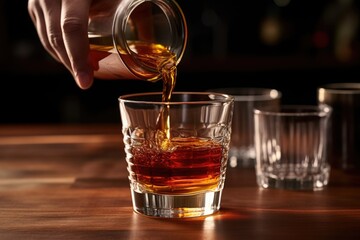 pouring whiskey into a manhattan cocktail blend