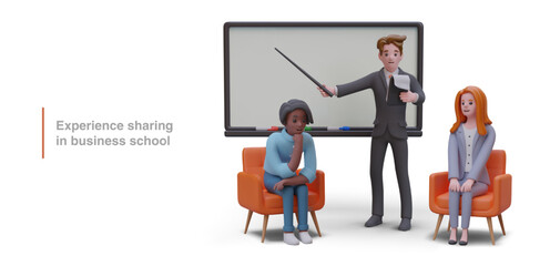 Experience sharing, exchange at business school. Coaching concept. Consultations of leading specialists. Advanced training. 3D color vector illustration