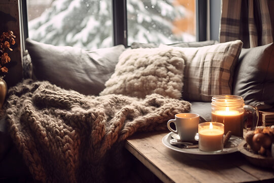 A winter at home near the window infused with the cozy charm of Hygge