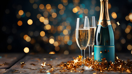 Glasses of champagne and bottle on bokeh background. New Year and Christmas celebration - obrazy, fototapety, plakaty