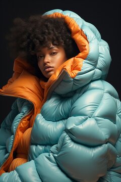 A beautiful portrait of a woman in a puffy inflatable jacket, standing proudly against the backdrop of an autumnal winter, capturing her grace and resilience