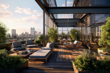 An outdoor terrace with seating arrangements and plants is connected to the open space office, offering fresh air and sunlight