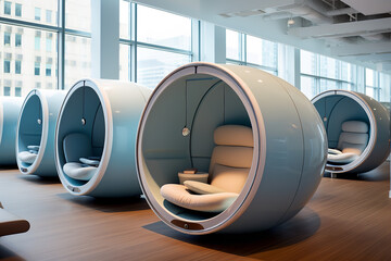  Sleek and comfortable nap pods provide a space for quick power naps and revitalization within an open space office - obrazy, fototapety, plakaty