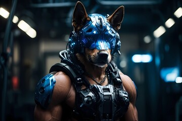 cyperpunk dog corgi with muscle in cyberspace 