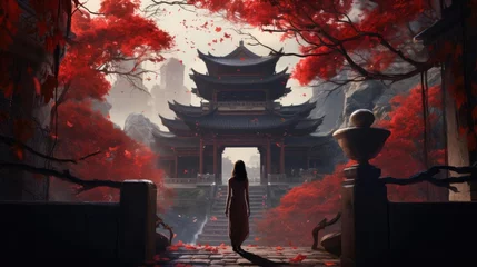 Tuinposter A young woman stands in front of a Chinese building © cherezoff