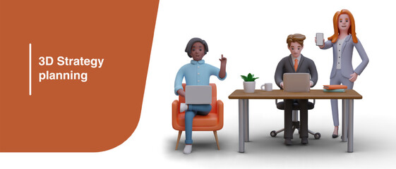 Strategy planning. Choosing business direction. Step by step tasks for business. Team work. 3D vector illustration with place for logo, text. Male and female characters