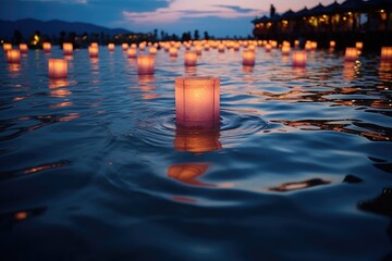 glowing lanterns floating on water at dusk