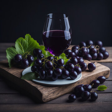 grapes and wine on wooden background Generated Ai