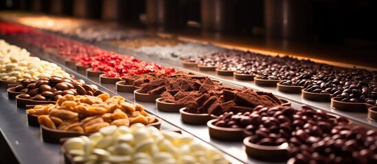 Conveyor in a chocolate factory with machine made chocolate toppings