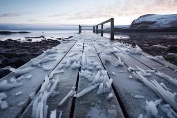 frost on a wooden pier extending into sea
