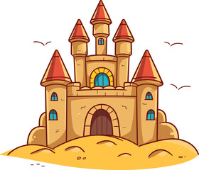 Cartoon sandcastle on the beach happy childhood hobby building vector on white background