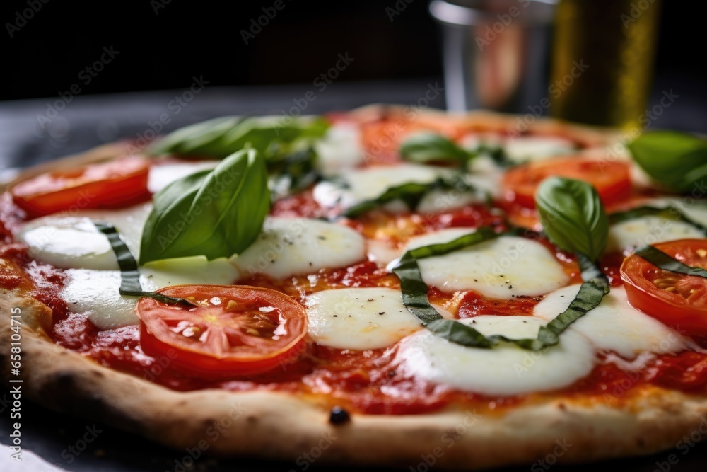 Poster close-up of a margherita pizza with melted cheese