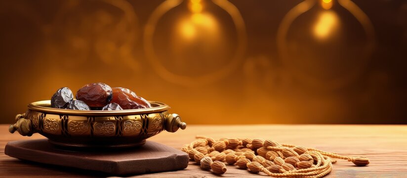 Oudh burner prayer beads and dates on golden backdrop