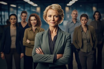 Obraz premium Elderly female business boss standing befor office workers in a team portrait representing success and human resources.