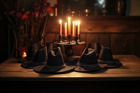 unlit candles around a witchs hat, standing on a wooden table