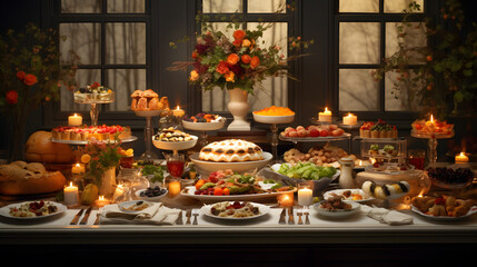 An exquisitely set Thanksgiving table adorned with an abundance of delectable dishes, surrounded by family and friends. This image captures the awesome essence of Thanksgiving feasting.