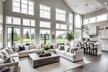 Fototapeta premium A beautiful living room interior brightly lit with natural light in the white tones of a luxury home. Generative AI