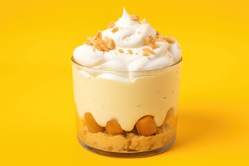 close-up of a creamy banana pudding on a yellow background - obrazy, fototapety, plakaty