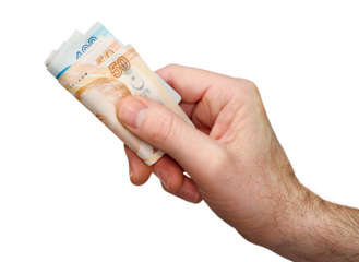 A hand holding, giving or paying Turkish Lira in 50 and 100 banknotes, paper currency, isolated against a transparent background.