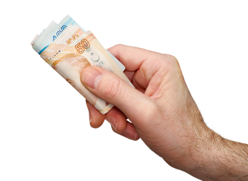 A hand holding, giving or paying Turkish Lira in 50 and 100 banknotes, paper currency, isolated against a transparent background. - Powered by Adobe