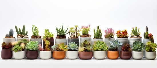 Hipster pots containing various plants including cacti decorate a modern home garden against a white wall