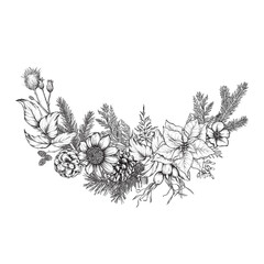 Vector illustration of winter floral wreath with flowers, plants, spruce and pine branches and pine cones for Christmas cards.