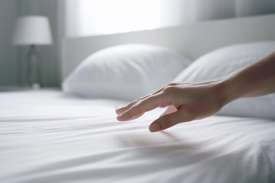 Woman's hand with clean manicure touches white sheet on bed in hotel room. Generative Ai
